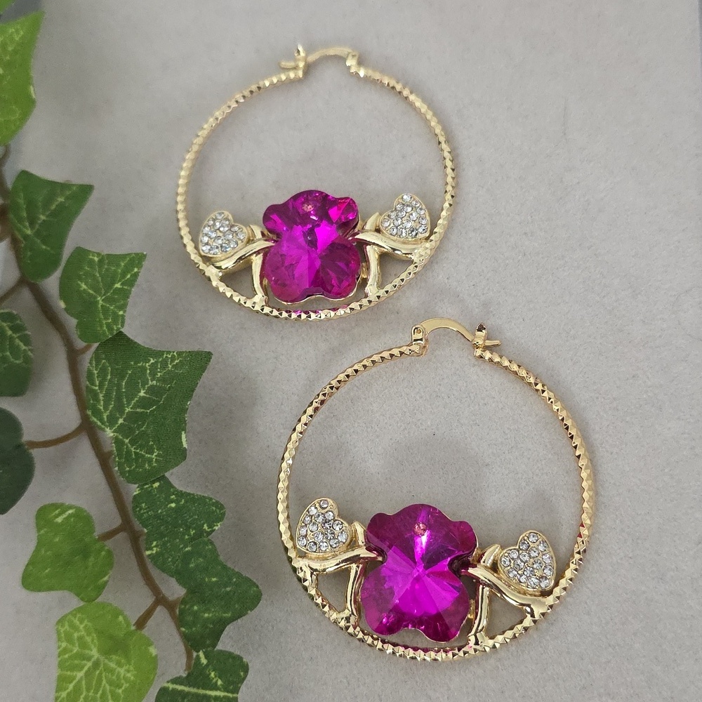Gold Filled Hoop Earrings with Fuschia Pink Teddy Bear XO  2"